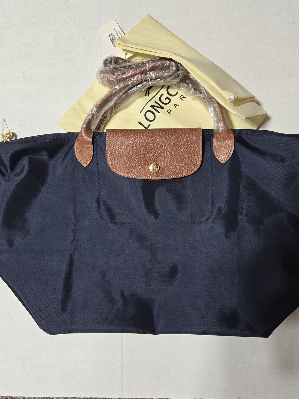 Longchamp Le Pliage Large Navy Tote with Brown Leather Trim